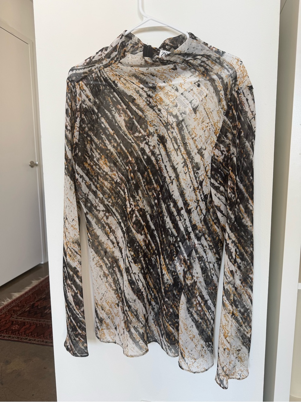 NWT Zara Abstract Print Semi-Sheer Mesh Top - Ochre, Black & Cream (Size XXL)